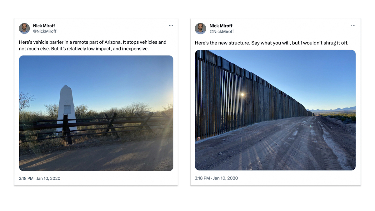 Side by side of 2020 tweets from WaPo reporter comparing Trump wall vs. vehicle barriers it replaced
