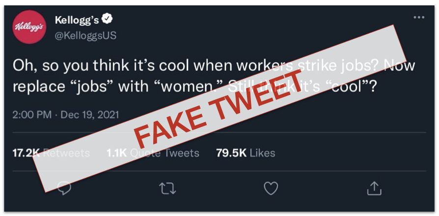 Fake Kellogg's workers strike tweet
