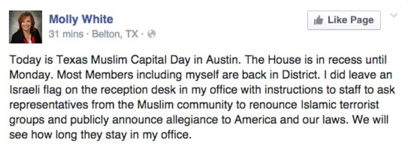 Post from the Facebook page of state Rep. Molly White, R-Belton, on January 29, 2015.
