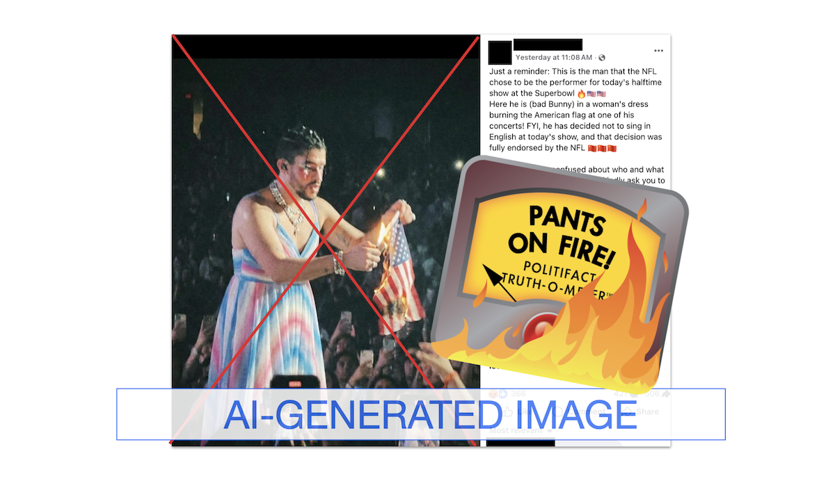 AI image of Bad Bunny burning US flag, with POF label, 02-09-2026