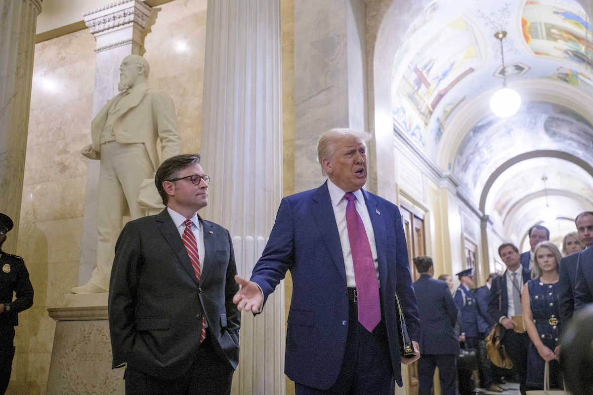 Speaker Johnson and President Trump speak to reporters in the Capitol