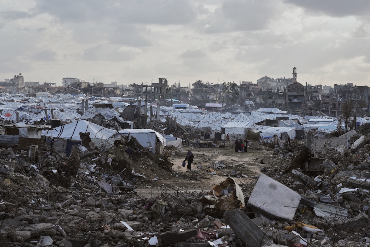 A tent camp for displaced Palestinians amid destruction in Gaza City 11-25-25