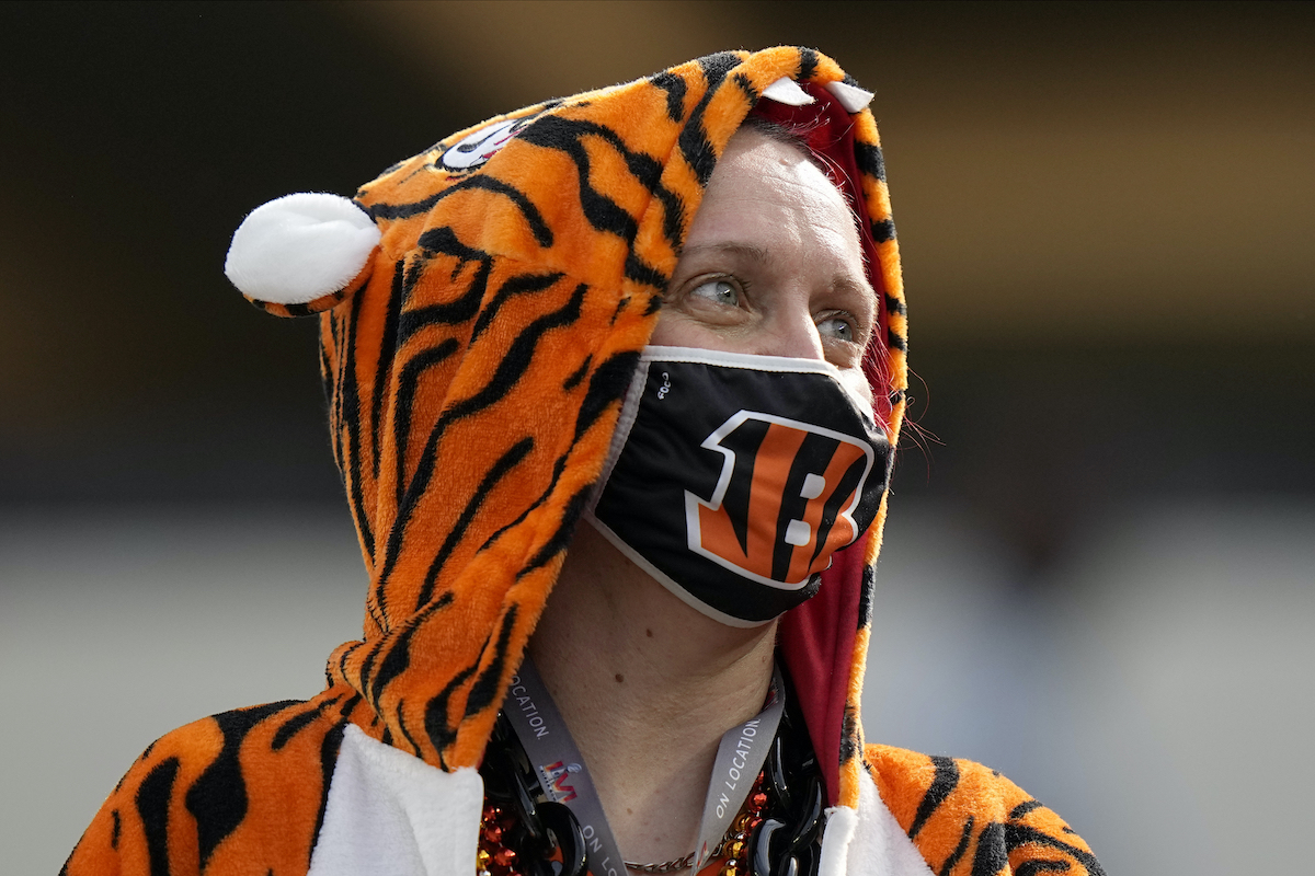 Bengals fan with Bengals mask at 2022 Super Bowl on Feb. 13, 2022