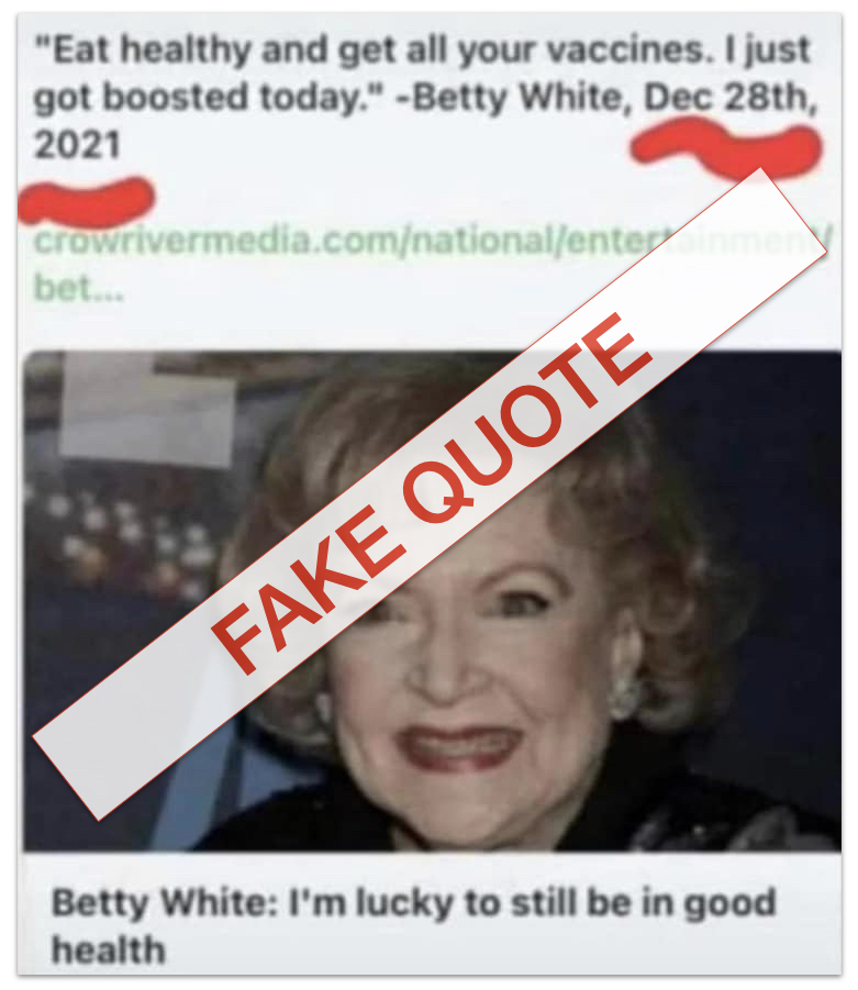 Fake Betty White booster FB post image