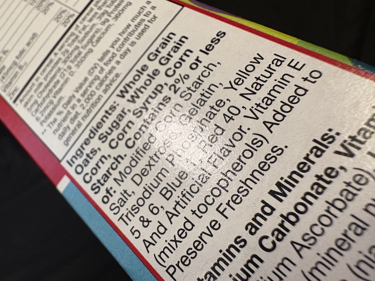 Photo of cereal box ingredient list