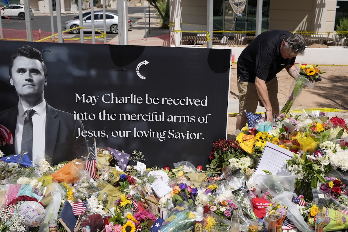 Charlie Kirk memorial with well wisher, Phoenix, 9-11-2025