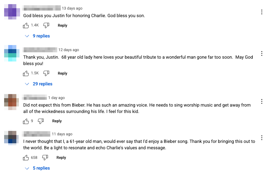 Comments on Justin Bieber Charlie Kirk tribute song, 10-01-2025