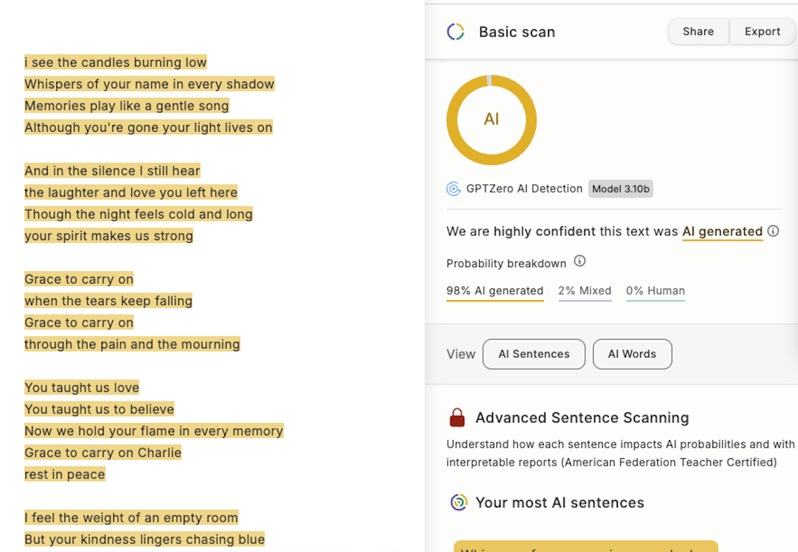 GPTZero analysis screenshot, 10-01-2025