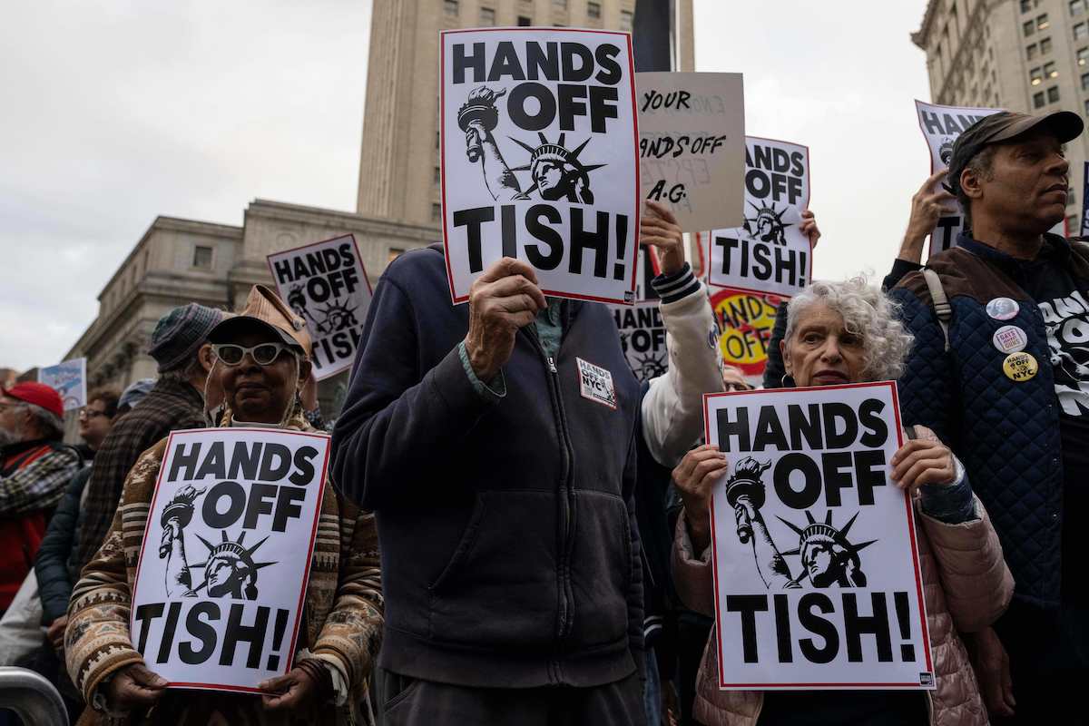 Hands off Tish signs Oct. 10, 2025 NY protest