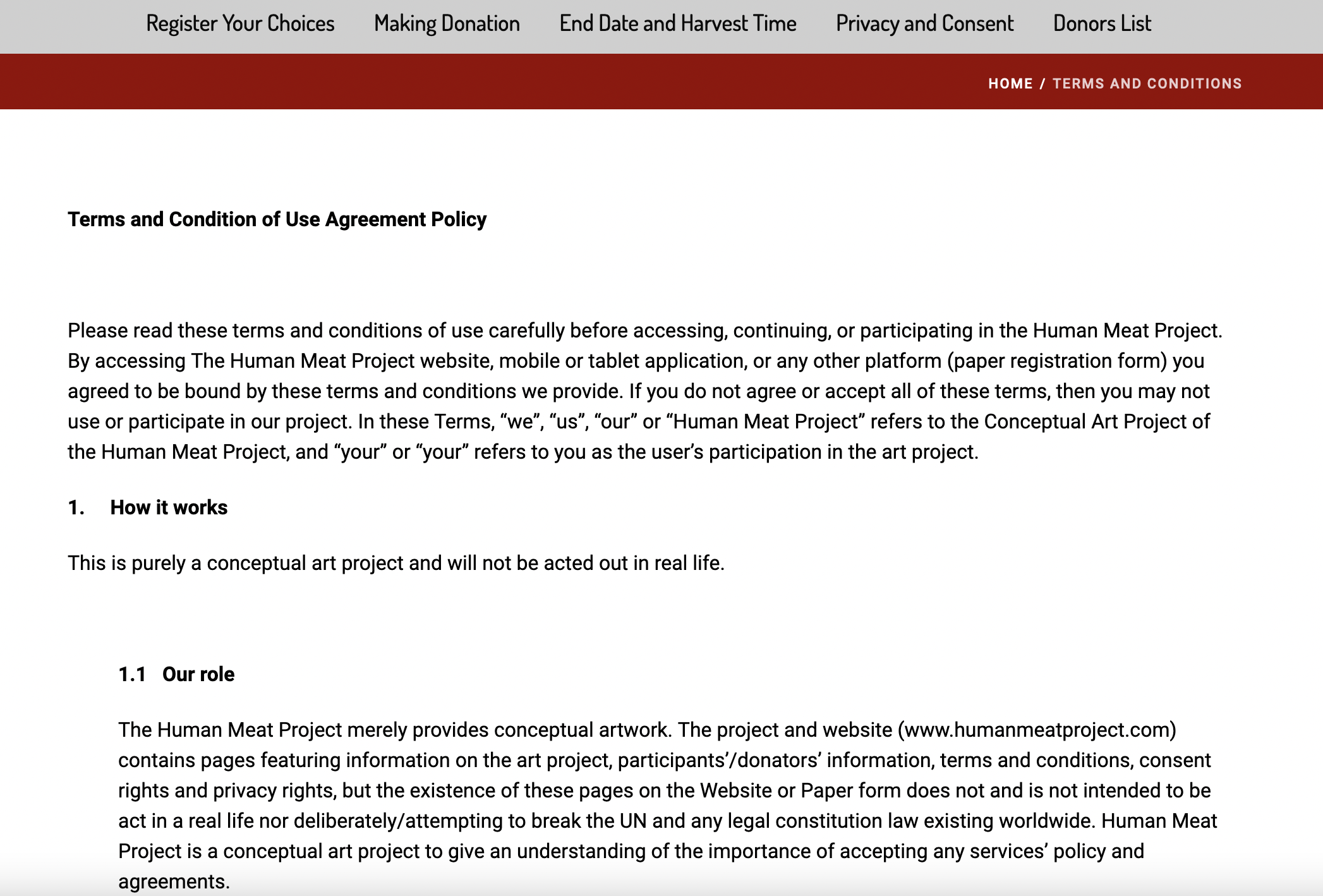 Human Meat Project terms and Conditions page