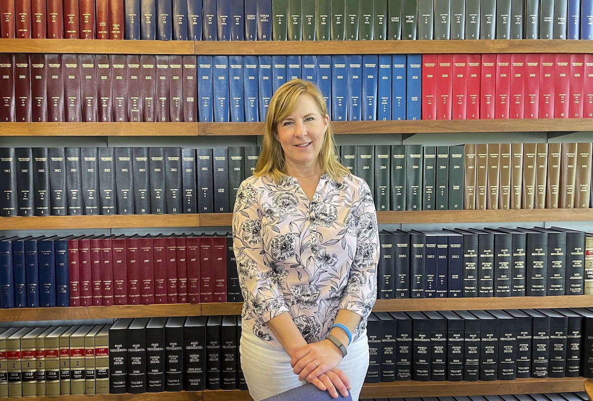 Minnesota Democratic Rep. Melissa Hortman, of Brooklyn Park, stands in front of a bookshelf 05-23-2023