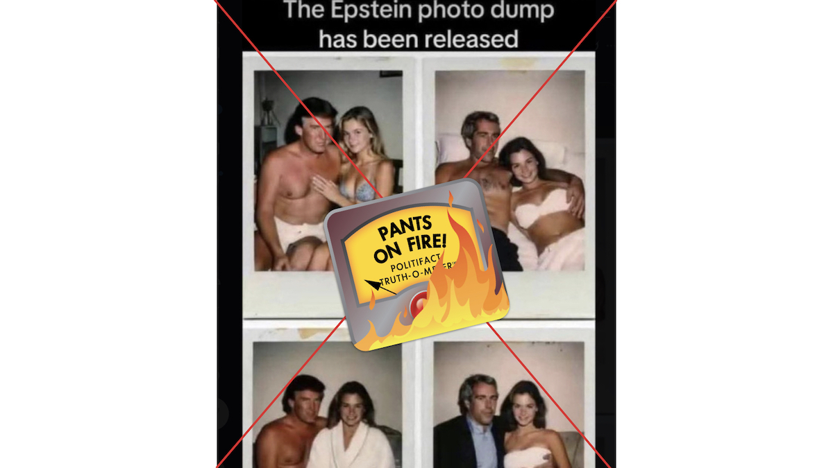 Graphic of fake images of Trump and Epstein with young women 12-19-25