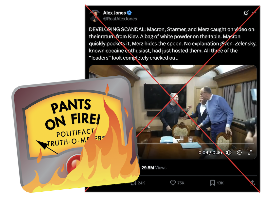 POF graphic for claim that Macron, Starmer and Merz meeting featured bag of coke 05-13-2025