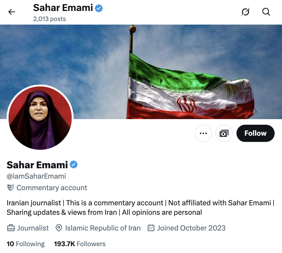 Profile of iamSaharEmami X account, 07-01-2025