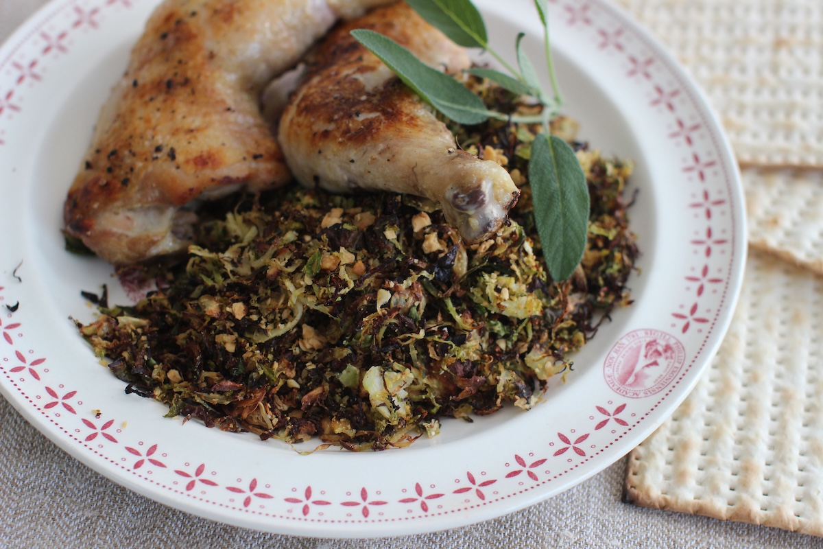 Roasted Brussels sprouts with Matzo Walnut crumbs served with chicken 2015