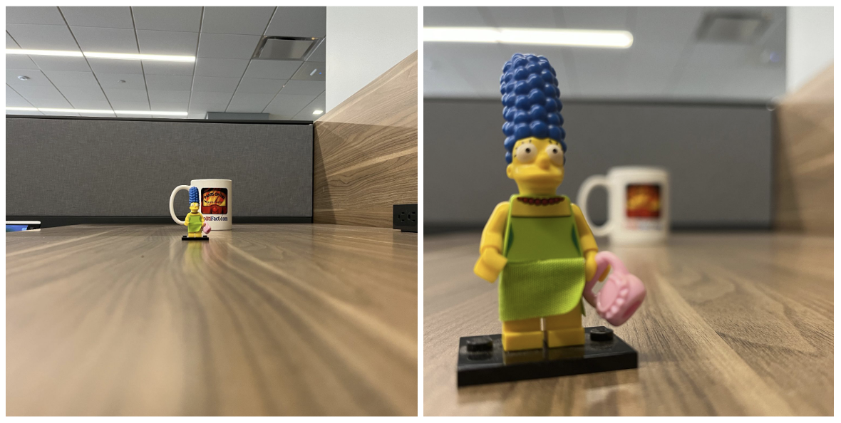 Marge and mug far away and close photo, 2 images in 1