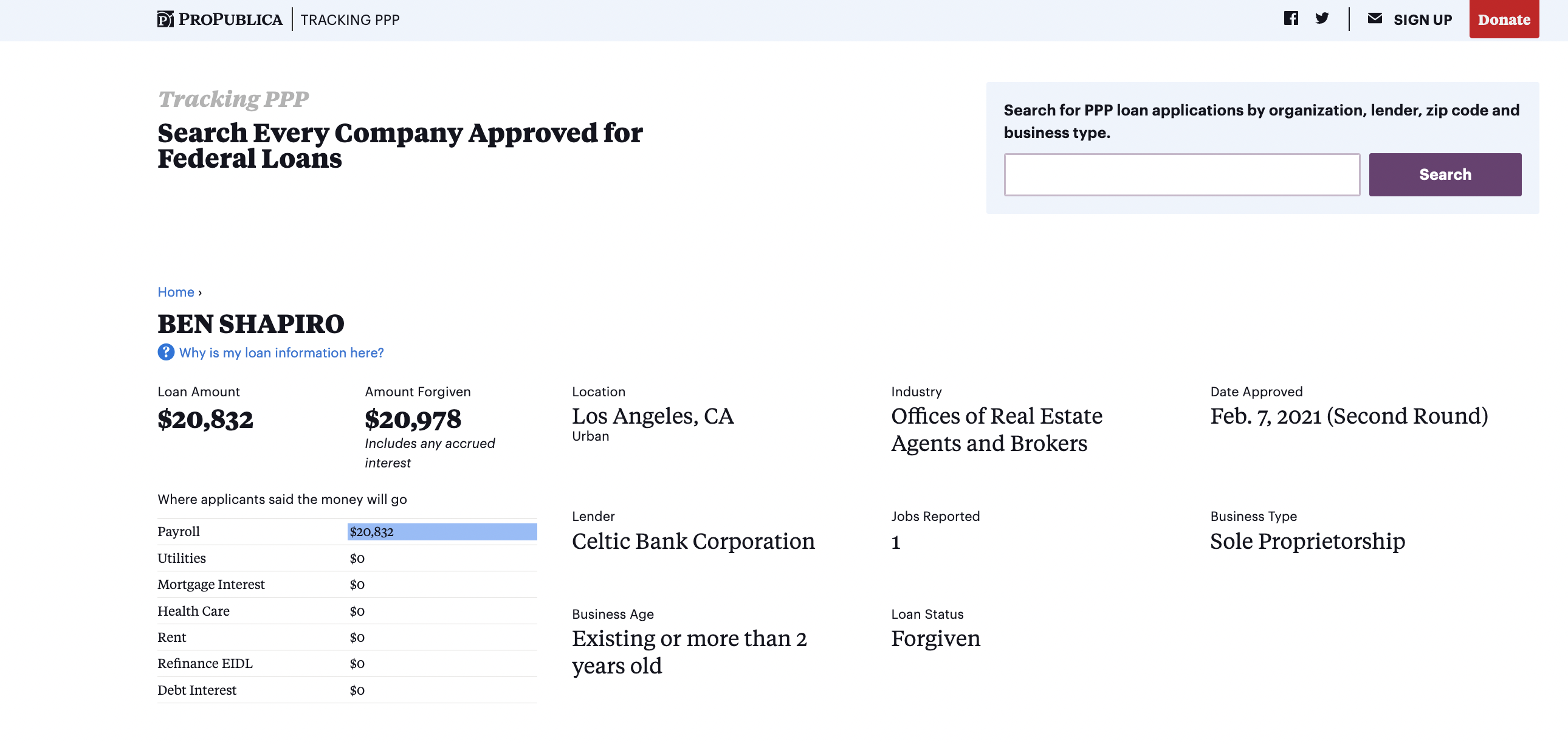 Screenshot of ProPublica's PPP loan database