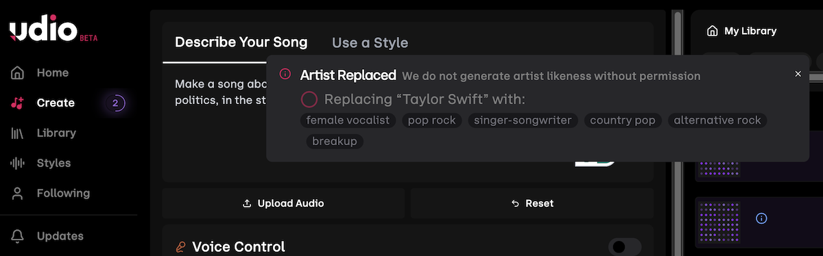 Screenshot of Udio Taylor Swift prompt, 10-01-2025
