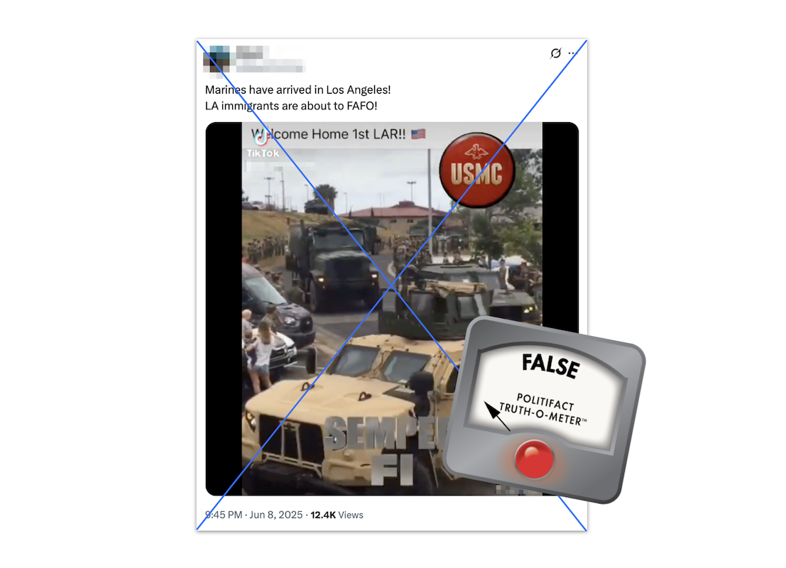 Screenshot of claim about Marines in Los Angeles, with False graphic, 06-09-2025