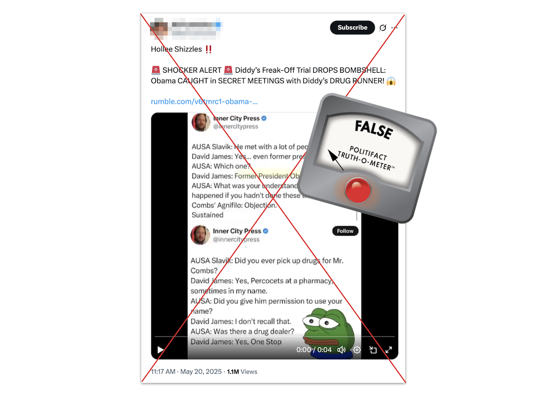 Screenshot of claim about Obama and Diddy, 05-22-2025