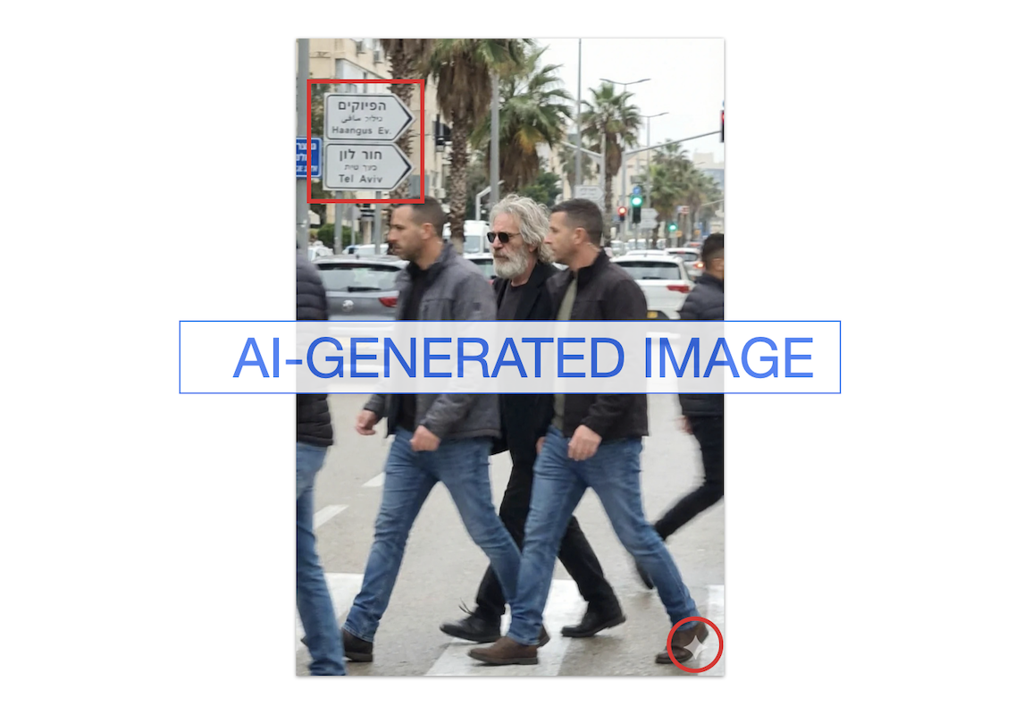 Screenshot of fake image of Epstein in Tel Aviv, with AI label, 02-06-2026