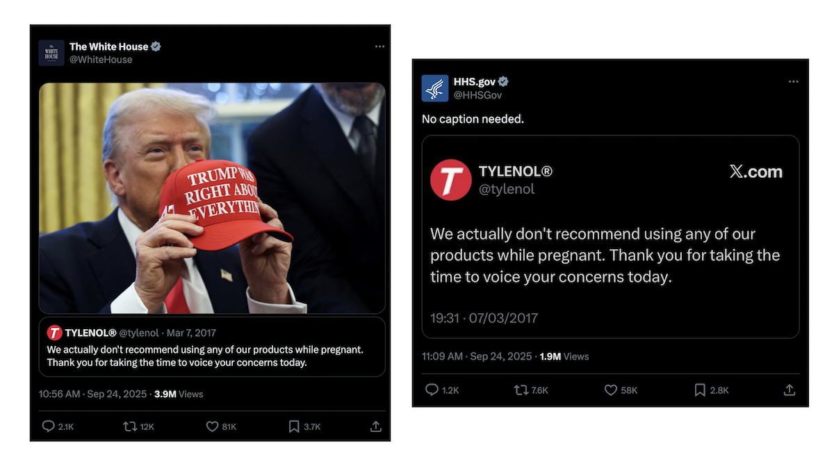 Screenshots of X posts from WH and HHS 09-24-2025