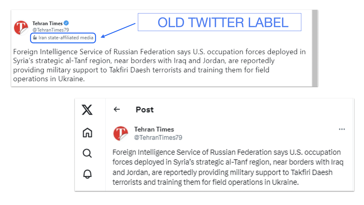 Side by side screenshot of tweets showing lack of state-affiliated media label, courtesy of NewsGuard