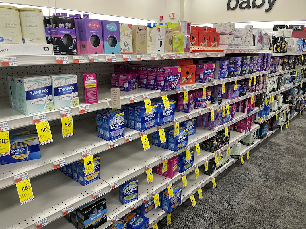 Tampons and other menstrual products are seen on June 11, 2022 at a local CVS store in Scarsdale, New York.