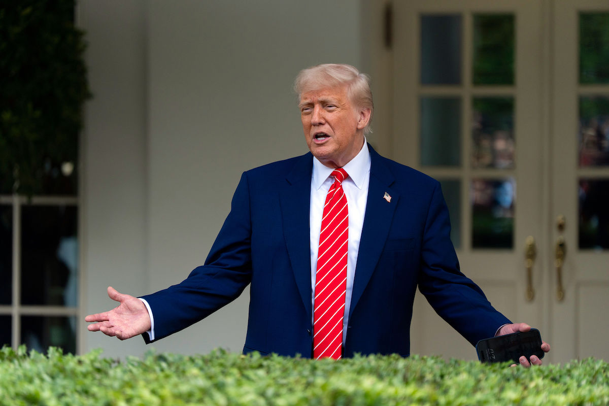 Trump speaking to reporters in front of West Wing 5-8-25