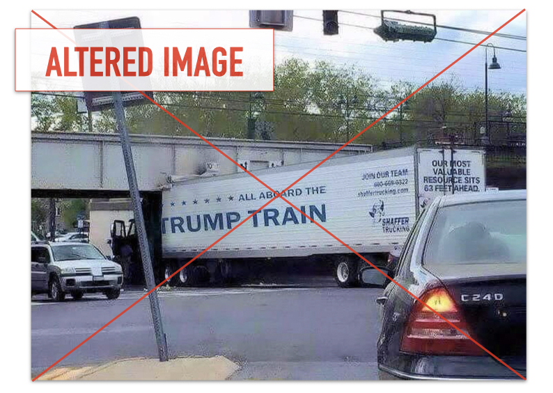 Doctored Trump train truck image, marked