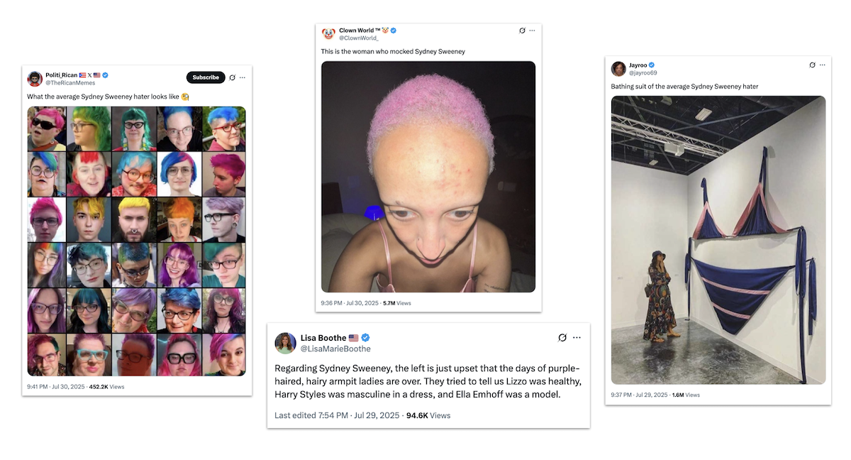 X posts about physical appearance, Sydney Sweeney ad, 08-01-2025