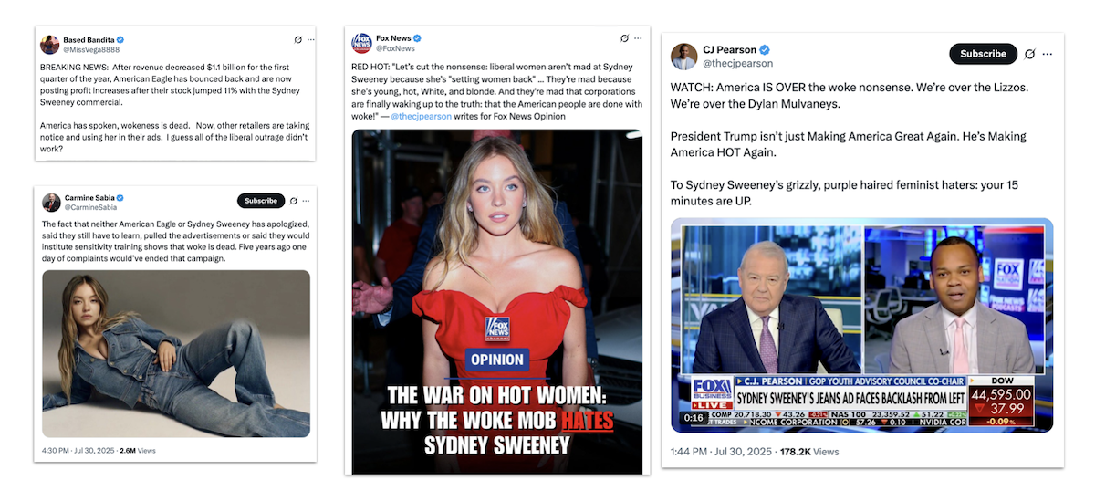 X posts about 'woke', Sydney Sweeney ad, 08-01-2025