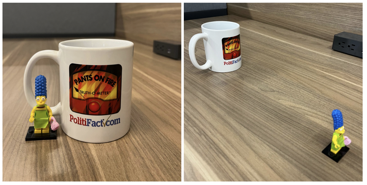 Marge and mug size comparison and distance, 2 images in 1