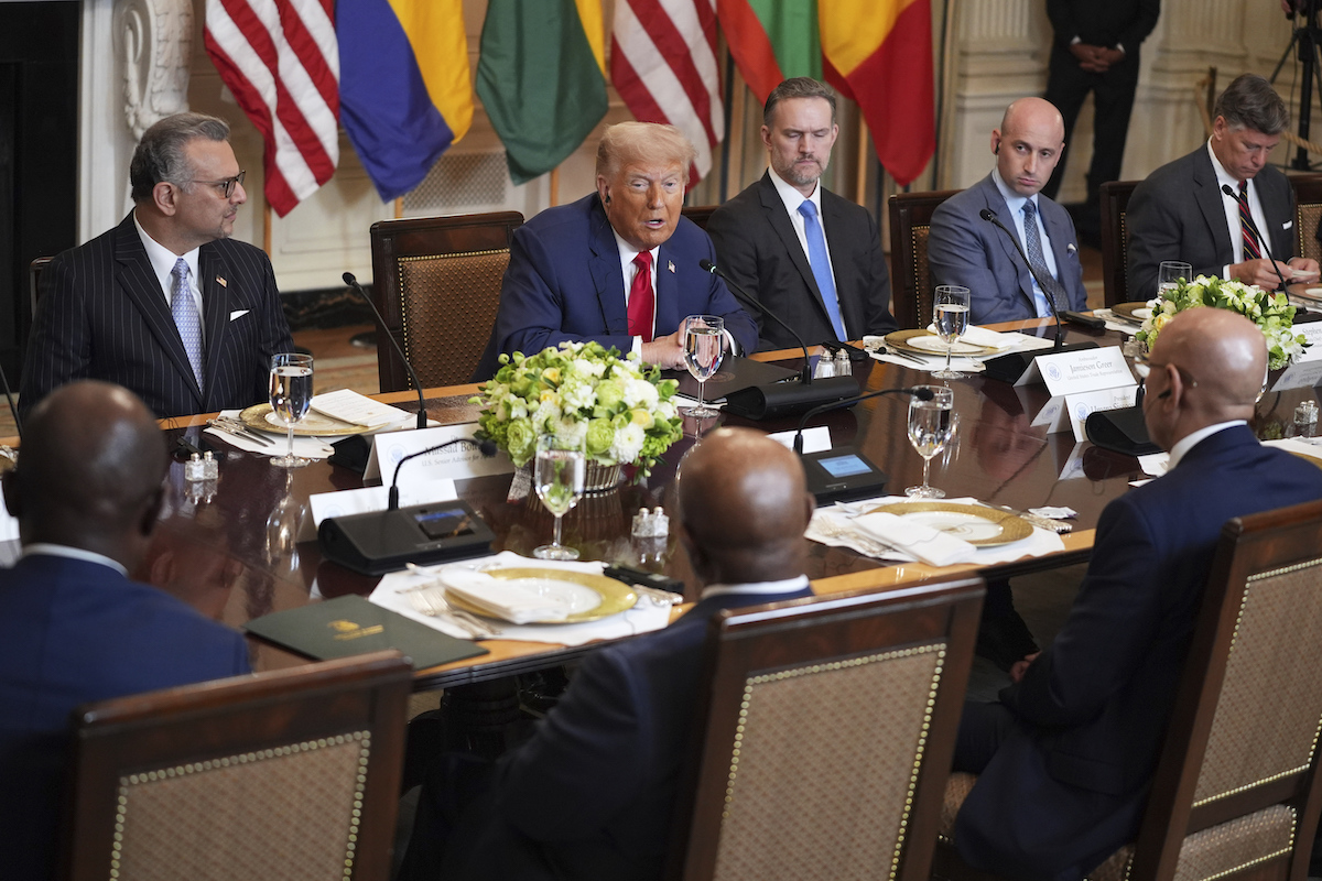 President Donald Trump speaks during a lunch with African leaders includingLiberian President Joseph Nyuma Boakai