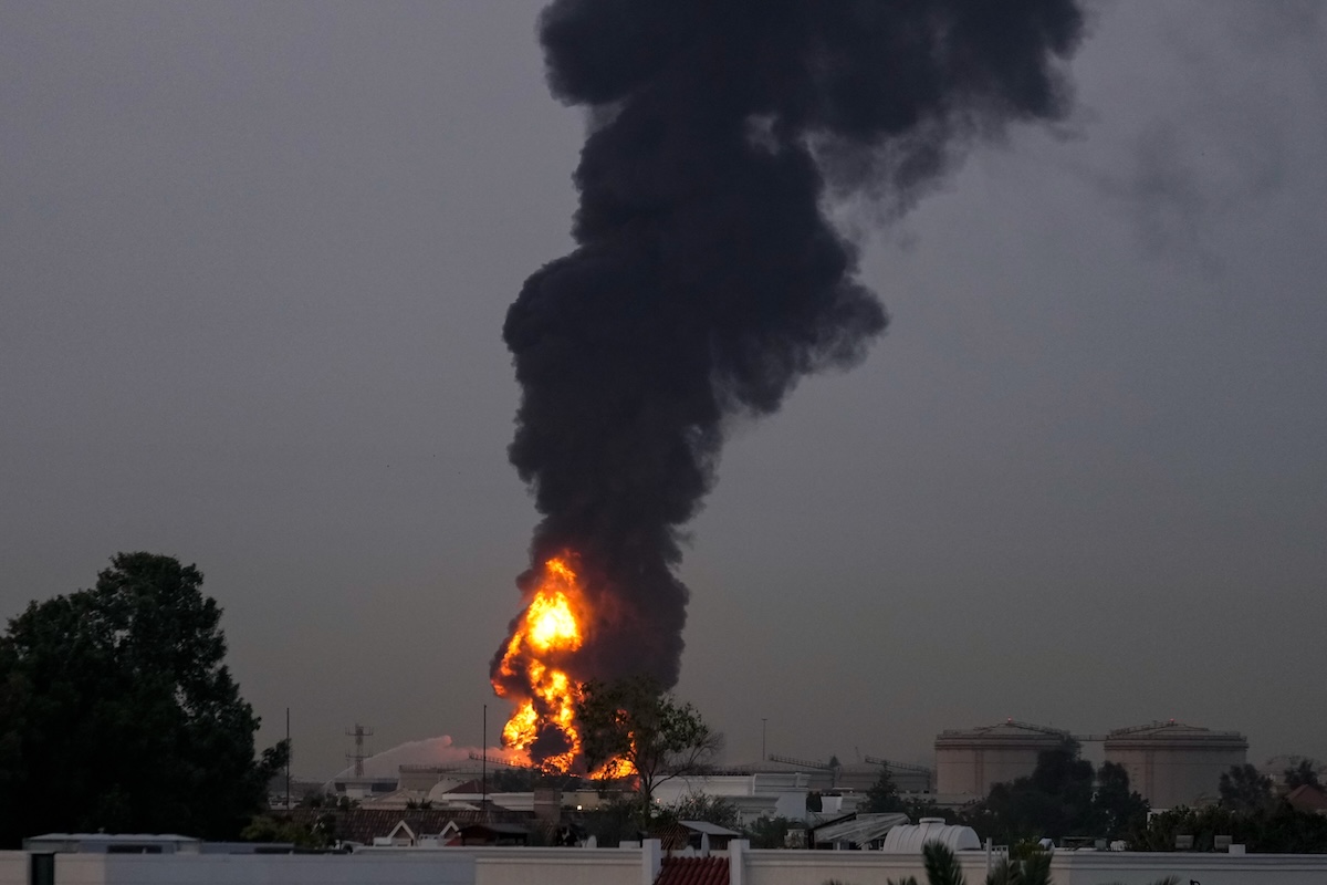 Burning remnants of a drone attack at Dubai airport March 2026