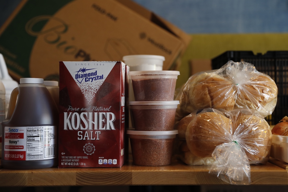 Grocery items and kosher salt at restaurant April 10, 2020