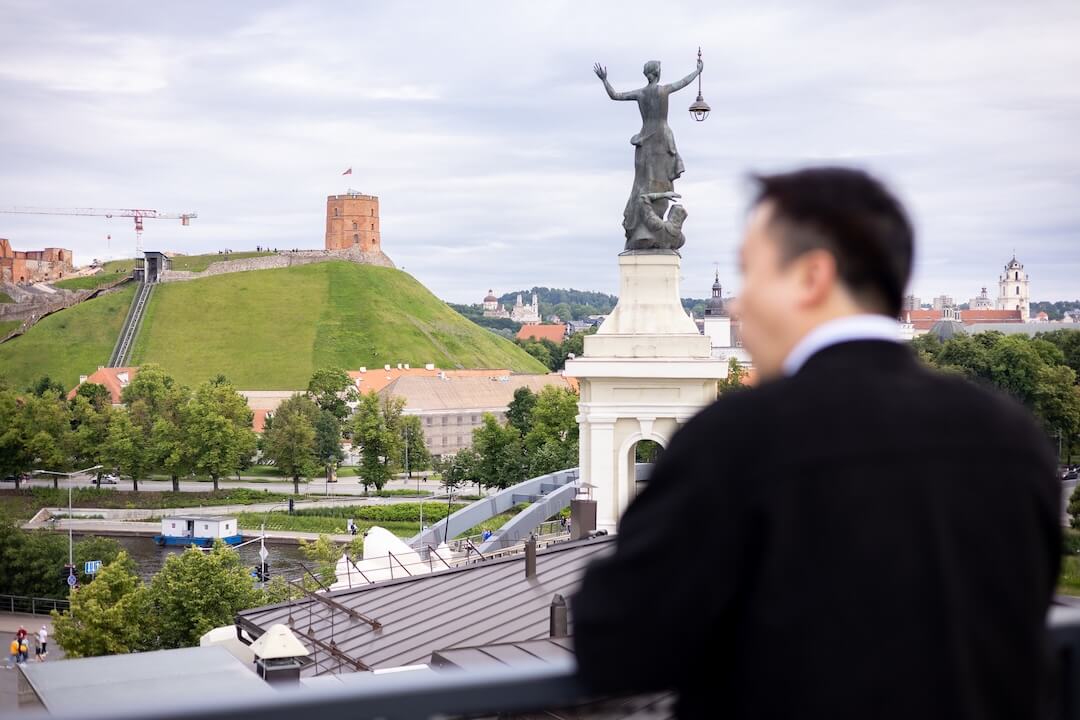 A GlobalFact attendee takes in a view of Vilnius, Lithuania, on June 18, 2026