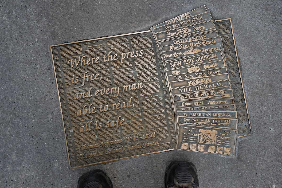 Thomas Jefferson quote on free press in bronze NYC Library